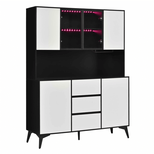 Armário alto tipo vitrina com portas de vidro e 3 gavetas u2014 design a preto e branco com suportes para copos dourados e luz LED regulável através de uma aplicação u2014 Preto, Branco