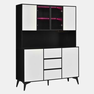 Armário alto tipo vitrina com portas de vidro e 3 gavetas u2014 design a preto e branco com suportes para copos dourados e luz LED regulável através de uma aplicação u2014 Preto, Branco