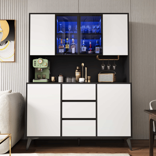 Armário alto tipo vitrina com portas de vidro e 3 gavetas u2014 design a preto e branco com suportes para copos dourados e luz LED regulável através de uma aplicação u2014 Preto, Branco