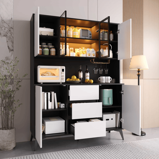 Armário alto tipo vitrina com portas de vidro e 3 gavetas u2014 design a preto e branco com suportes para copos dourados e luz LED regulável através de uma aplicação u2014 Preto, Branco