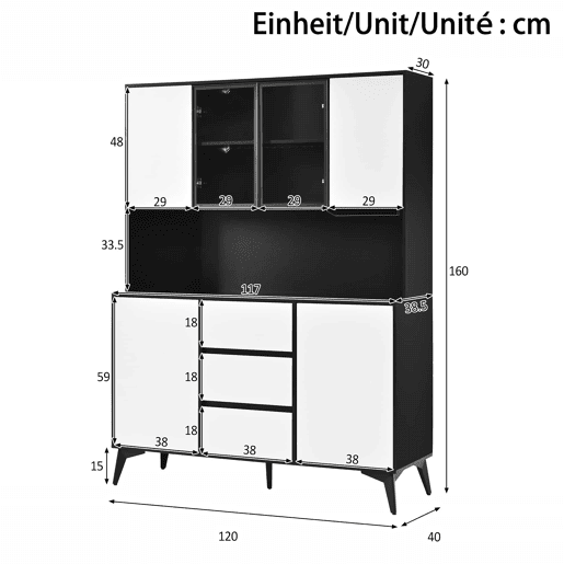Armário alto tipo vitrina com portas de vidro e 3 gavetas u2014 design a preto e branco com suportes para copos dourados e luz LED regulável através de uma aplicação u2014 Preto, Branco