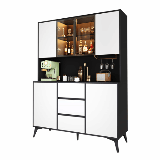 Armário alto tipo vitrina com portas de vidro e 3 gavetas u2014 design a preto e branco com suportes para copos dourados e luz LED regulável através de uma aplicação u2014 Preto, Branco
