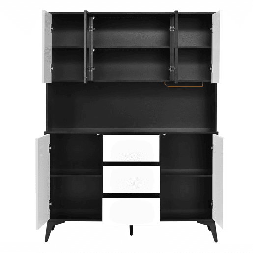 Armário alto tipo vitrina com portas de vidro e 3 gavetas u2014 design a preto e branco com suportes para copos dourados e luz LED regulável através de uma aplicação u2014 Preto, Branco