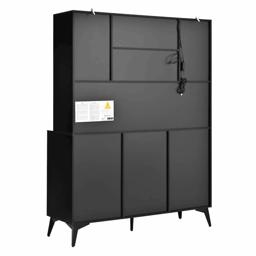 Armário alto tipo vitrina com portas de vidro e 3 gavetas u2014 design a preto e branco com suportes para copos dourados e luz LED regulável através de uma aplicação u2014 Preto, Branco