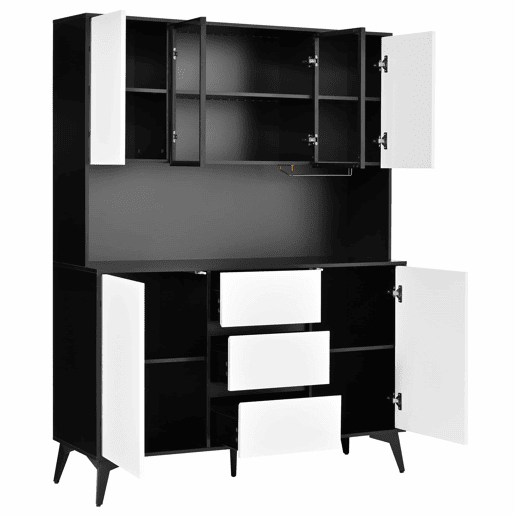 Armário alto tipo vitrina com portas de vidro e 3 gavetas u2014 design a preto e branco com suportes para copos dourados e luz LED regulável através de uma aplicação u2014 Preto, Branco