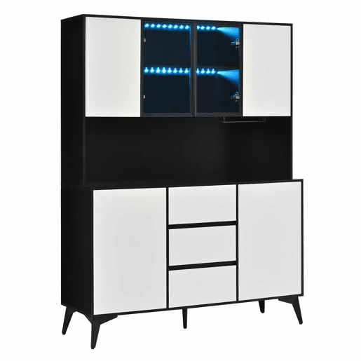 Armário alto tipo vitrina com portas de vidro e 3 gavetas u2014 design a preto e branco com suportes para copos dourados e luz LED regulável através de uma aplicação u2014 Preto, Branco