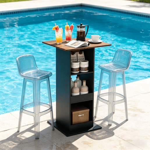 Mesa alta quadrada 60x60x109 cm - 2 em 1, estilo bar, multifuncional - PretoCastanho rústico