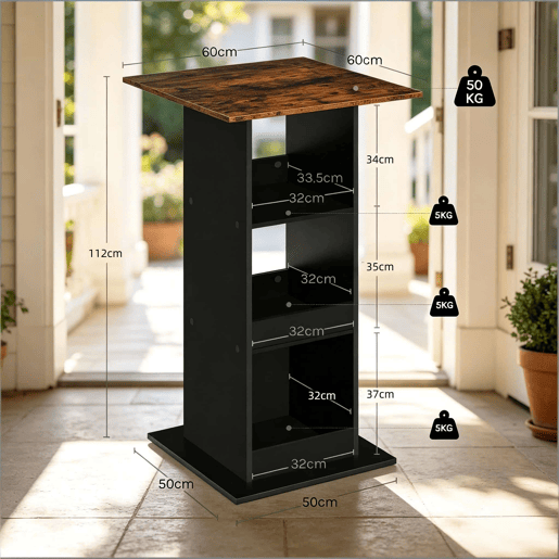 Mesa alta quadrada 60x60x109 cm - 2 em 1, estilo bar, multifuncional - PretoCastanho rústico