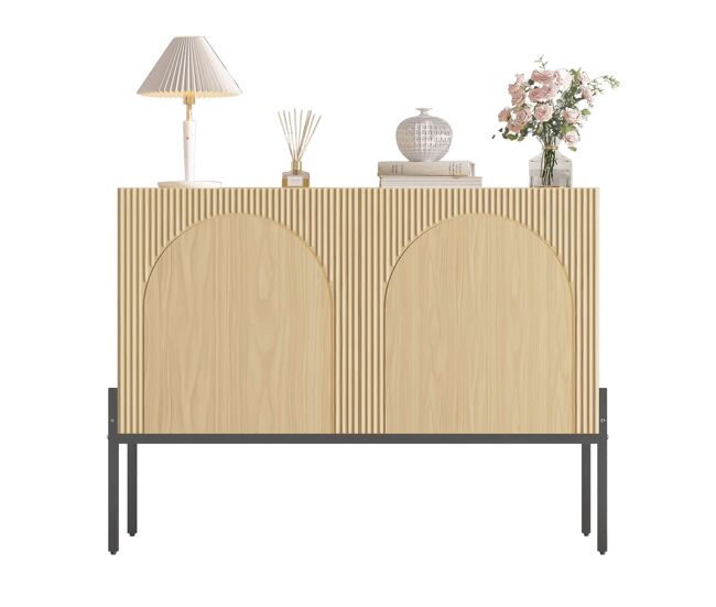 Aparador 100x75x40 cm - 2 puertas, patas metálicas, diseño de líneas curvas, estilo moderno minimalista - natural