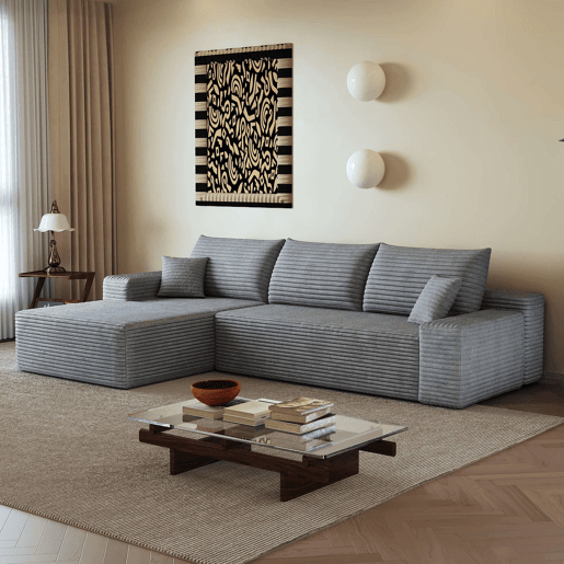 Sofá modular de canto de 270 cm - chaise longue em L, assento profundo, modular compacto - Cinzento Sofá modular de canto de 270 cm - chaise longue em L, assento profundo, modular compacto - Cinzento