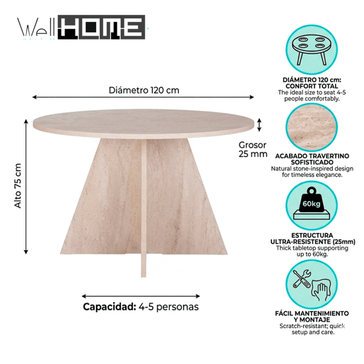 Well Home Mesa de Jantar Palawan Ø120x75 cm Acabamento Travertino, Design Moderno Redondo, Tampo de 25 mm em Melamina, Montagem Fácil Well Home Mesa de Jantar Palawan Ø120x75 cm Acabamento Travertino, Design Moderno Redondo, Tampo de 25 mm em Melamina, Montagem Fácil