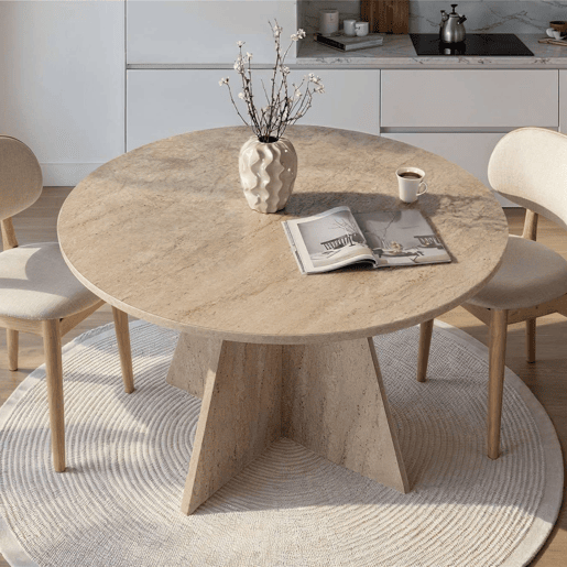 Well Home Mesa de Jantar Palawan Ø120x75 cm Acabamento Travertino, Design Moderno Redondo, Tampo de 25 mm em Melamina, Montagem Fácil Well Home Mesa de Jantar Palawan Ø120x75 cm Acabamento Travertino, Design Moderno Redondo, Tampo de 25 mm em Melamina, Montagem Fácil