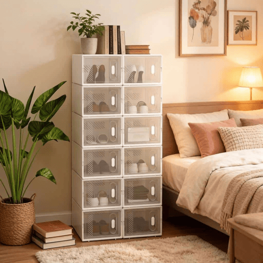 Organizador modular de sapatos com 12 peças u2013 empilhável, organizador multifuncional para sapatos, livros e brinquedos u2013 transparente e branco Organizador modular de sapatos com 12 peças u2013 empilhável, organizador multifuncional para sapatos, livros e brinquedos u2013 transparente e branco
