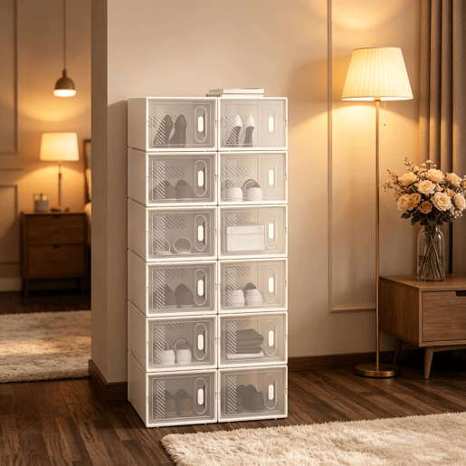 Organizador modular de sapatos com 12 peças u2013 empilhável, organizador multifuncional para sapatos, livros e brinquedos u2013 transparente e branco Organizador modular de sapatos com 12 peças u2013 empilhável, organizador multifuncional para sapatos, livros e brinquedos u2013 transparente e branco