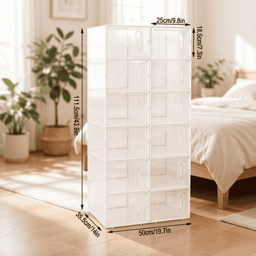 Organizador modular de sapatos com 12 peças u2013 empilhável, organizador multifuncional para sapatos, livros e brinquedos u2013 transparente e branco Organizador modular de sapatos com 12 peças u2013 empilhável, organizador multifuncional para sapatos, livros e brinquedos u2013 transparente e branco