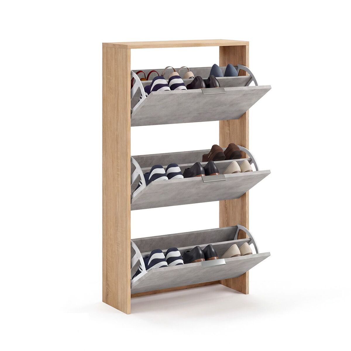 Zapatero de 3 puertas abatibles en roble canadian y gris cemento 60x113 cm remi
