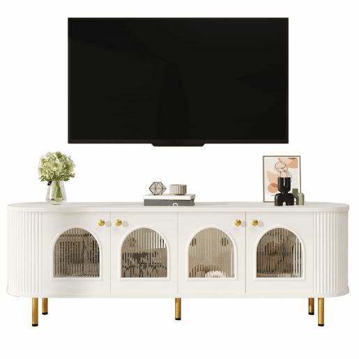 Móvel de TV Lowboard - Com portas de vidro, móveis práticos para arrumação na sala, com puxadores e pés dourados - Branco+Dourado Móvel de TV Lowboard - Com portas de vidro, móveis práticos para arrumação na sala, com puxadores e pés dourados - Branco+Dourado