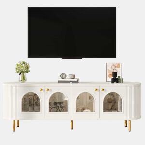 Móvel de TV Lowboard - Com portas de vidro, móveis práticos para arrumação na sala, com puxadores e pés dourados - Branco+Dourado
