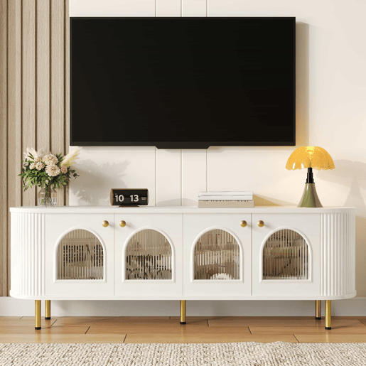 Móvel de TV Lowboard - Com portas de vidro, móveis práticos para arrumação na sala, com puxadores e pés dourados - Branco+Dourado Móvel de TV Lowboard - Com portas de vidro, móveis práticos para arrumação na sala, com puxadores e pés dourados - Branco+Dourado