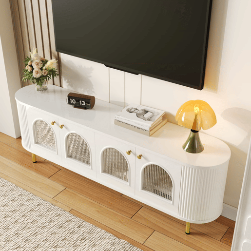 Móvel de TV Lowboard - Com portas de vidro, móveis práticos para arrumação na sala, com puxadores e pés dourados - Branco+Dourado Móvel de TV Lowboard - Com portas de vidro, móveis práticos para arrumação na sala, com puxadores e pés dourados - Branco+Dourado