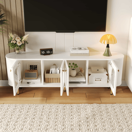 Móvel de TV Lowboard - Com portas de vidro, móveis práticos para arrumação na sala, com puxadores e pés dourados - Branco+Dourado Móvel de TV Lowboard - Com portas de vidro, móveis práticos para arrumação na sala, com puxadores e pés dourados - Branco+Dourado