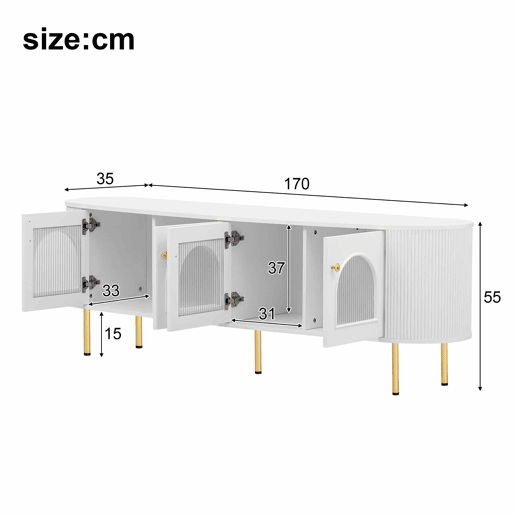 Móvel de TV Lowboard - Com portas de vidro, móveis práticos para arrumação na sala, com puxadores e pés dourados - Branco+Dourado Móvel de TV Lowboard - Com portas de vidro, móveis práticos para arrumação na sala, com puxadores e pés dourados - Branco+Dourado