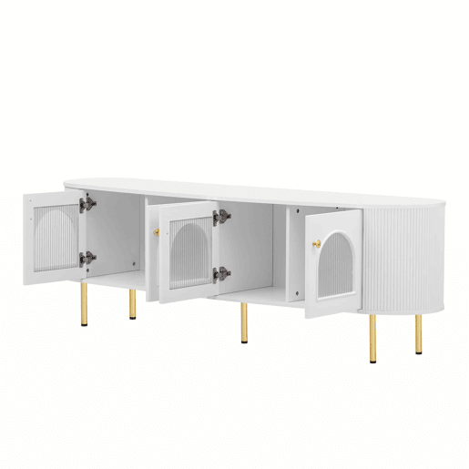 Móvel de TV Lowboard - Com portas de vidro, móveis práticos para arrumação na sala, com puxadores e pés dourados - Branco+Dourado Móvel de TV Lowboard - Com portas de vidro, móveis práticos para arrumação na sala, com puxadores e pés dourados - Branco+Dourado