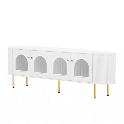 Móvel de TV Lowboard - Com portas de vidro, móveis práticos para arrumação na sala, com puxadores e pés dourados - Branco+Dourado Móvel de TV Lowboard - Com portas de vidro, móveis práticos para arrumação na sala, com puxadores e pés dourados - Branco+Dourado