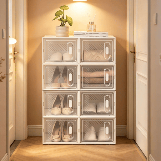 Organizador Modular de Sapatos com 8 Cubos - Empilhável, Organizador Multifuncional para Sapatos e Arrumação - Branco e Transparente