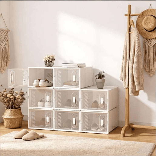 Organizador Modular de Sapatos com 8 Cubos - Empilhável, Organizador Multifuncional para Sapatos e Arrumação - Branco e Transparente