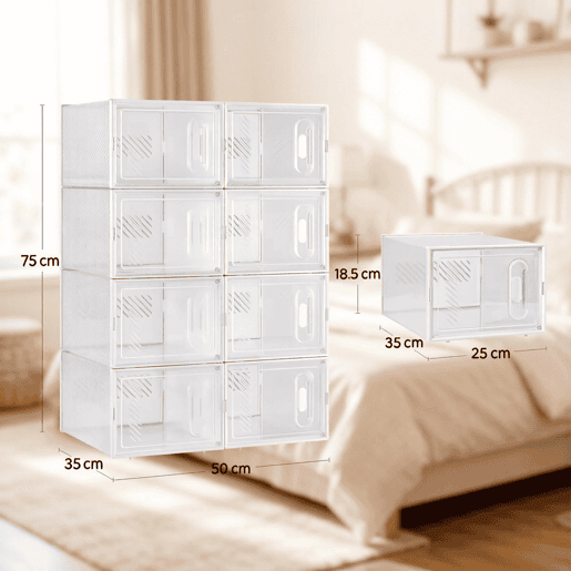 Organizador Modular de Sapatos com 8 Cubos - Empilhável, Organizador Multifuncional para Sapatos e Arrumação - Branco e Transparente
