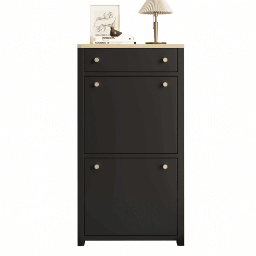 Armário 50 × 24 × 95 cm u2014 com 1 gaveta, 2 portas basculantes, prateleiras ajustáveis e puxadores metálicos u2014 PretoMadeira Armário 50 × 24 × 95 cm u2014 com 1 gaveta, 2 portas basculantes, prateleiras ajustáveis e puxadores metálicos u2014 PretoMadeira