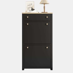 Armário 50 × 24 × 95 cm u2014 com 1 gaveta, 2 portas basculantes, prateleiras ajustáveis e puxadores metálicos u2014 PretoMadeira