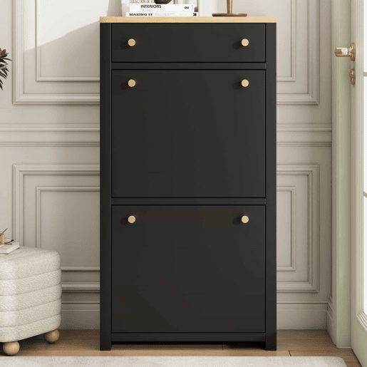 Armário 50 × 24 × 95 cm u2014 com 1 gaveta, 2 portas basculantes, prateleiras ajustáveis e puxadores metálicos u2014 PretoMadeira Armário 50 × 24 × 95 cm u2014 com 1 gaveta, 2 portas basculantes, prateleiras ajustáveis e puxadores metálicos u2014 PretoMadeira