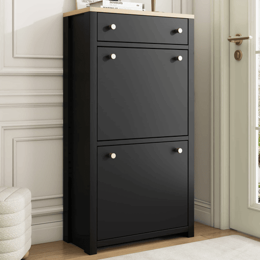 Armário 50 × 24 × 95 cm u2014 com 1 gaveta, 2 portas basculantes, prateleiras ajustáveis e puxadores metálicos u2014 PretoMadeira Armário 50 × 24 × 95 cm u2014 com 1 gaveta, 2 portas basculantes, prateleiras ajustáveis e puxadores metálicos u2014 PretoMadeira
