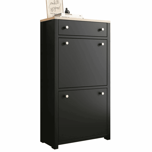 Armário 50 × 24 × 95 cm u2014 com 1 gaveta, 2 portas basculantes, prateleiras ajustáveis e puxadores metálicos u2014 PretoMadeira Armário 50 × 24 × 95 cm u2014 com 1 gaveta, 2 portas basculantes, prateleiras ajustáveis e puxadores metálicos u2014 PretoMadeira