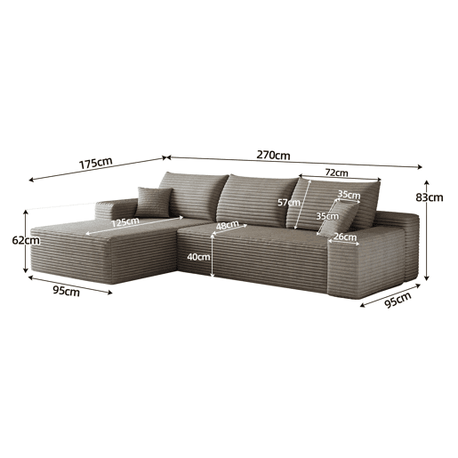 Sofá modular de canto de 270 cm u2013 design moderno com chaise longue em L, assento profundo, compacto u2013 Camel Sofá modular de canto de 270 cm u2013 design moderno com chaise longue em L, assento profundo, compacto u2013 Camel