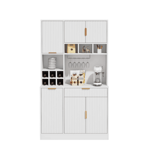 Aparador alto para sala de jantar 100 x 40 x 175 cm u2014 arrumação em várias camadas com tomada integrada, portas USB-C e USB-A, suporte para copos e garrafeira u2014 branco Aparador alto para sala de jantar 100 x 40 x 175 cm u2014 arrumação em várias camadas com tomada integrada, portas USB-C e USB-A, suporte para copos e garrafeira u2014 branco