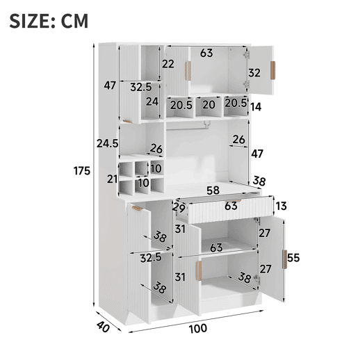 Aparador alto para sala de jantar 100 x 40 x 175 cm u2014 arrumação em várias camadas com tomada integrada, portas USB-C e USB-A, suporte para copos e garrafeira u2014 branco Aparador alto para sala de jantar 100 x 40 x 175 cm u2014 arrumação em várias camadas com tomada integrada, portas USB-C e USB-A, suporte para copos e garrafeira u2014 branco