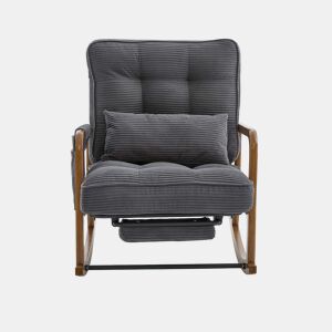 Cadeirão de baloiço com apoio para os pés - revestimento em bombazina, ergonómico, com bolso lateral, almofada lombar e encosto reclinável - cinzento