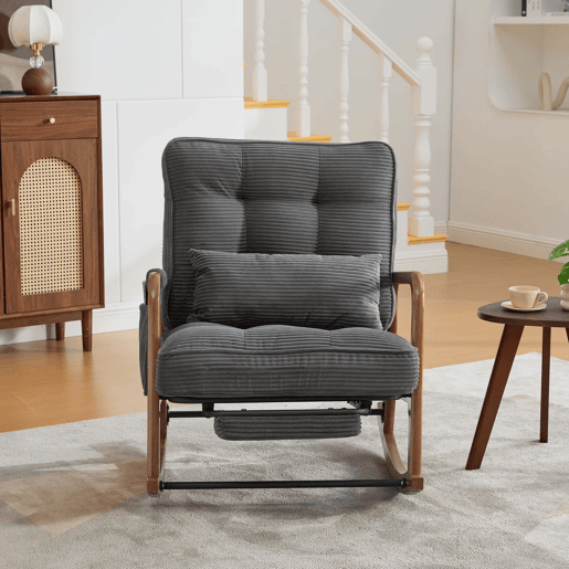 Cadeirão de baloiço com apoio para os pés - revestimento em bombazina, ergonómico, com bolso lateral, almofada lombar e encosto reclinável - cinzento Cadeirão de baloiço com apoio para os pés - revestimento em bombazina, ergonómico, com bolso lateral, almofada lombar e encosto reclinável - cinzento