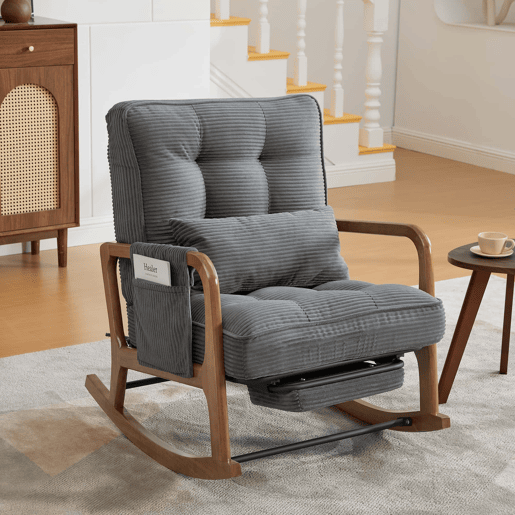 Cadeirão de baloiço com apoio para os pés - revestimento em bombazina, ergonómico, com bolso lateral, almofada lombar e encosto reclinável - cinzento Cadeirão de baloiço com apoio para os pés - revestimento em bombazina, ergonómico, com bolso lateral, almofada lombar e encosto reclinável - cinzento