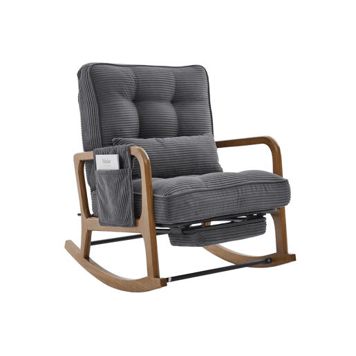 Cadeirão de baloiço com apoio para os pés - revestimento em bombazina, ergonómico, com bolso lateral, almofada lombar e encosto reclinável - cinzento Cadeirão de baloiço com apoio para os pés - revestimento em bombazina, ergonómico, com bolso lateral, almofada lombar e encosto reclinável - cinzento
