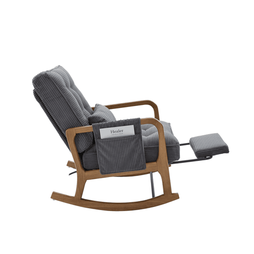 Cadeirão de baloiço com apoio para os pés - revestimento em bombazina, ergonómico, com bolso lateral, almofada lombar e encosto reclinável - cinzento Cadeirão de baloiço com apoio para os pés - revestimento em bombazina, ergonómico, com bolso lateral, almofada lombar e encosto reclinável - cinzento