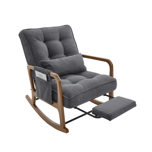 Cadeirão de baloiço com apoio para os pés - revestimento em bombazina, ergonómico, com bolso lateral, almofada lombar e encosto reclinável - cinzento Cadeirão de baloiço com apoio para os pés - revestimento em bombazina, ergonómico, com bolso lateral, almofada lombar e encosto reclinável - cinzento