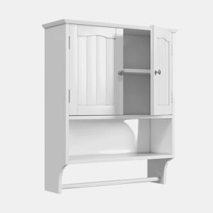 Armário de casa de banho com 2 prateleiras - com toalheiro de parede, ajustável, para cozinha e casa de banho - Branco