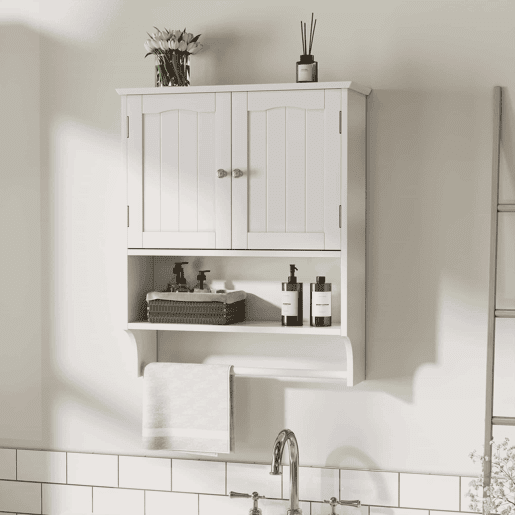 Armário de casa de banho com 2 prateleiras - com toalheiro de parede, ajustável, para cozinha e casa de banho - Branco Armário de casa de banho com 2 prateleiras - com toalheiro de parede, ajustável, para cozinha e casa de banho - Branco
