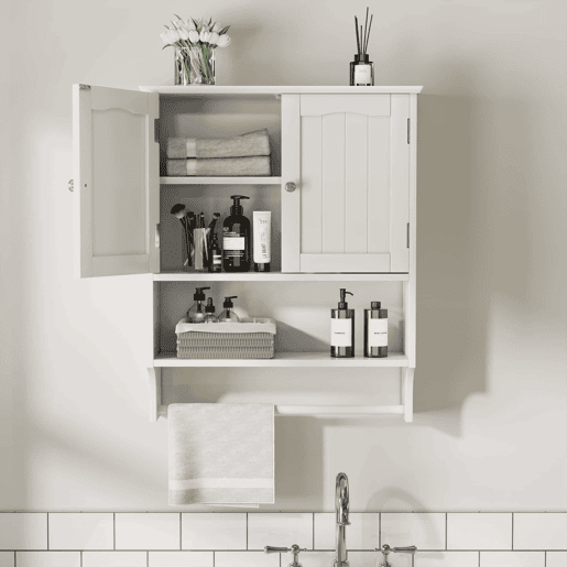 Armário de casa de banho com 2 prateleiras - com toalheiro de parede, ajustável, para cozinha e casa de banho - Branco Armário de casa de banho com 2 prateleiras - com toalheiro de parede, ajustável, para cozinha e casa de banho - Branco