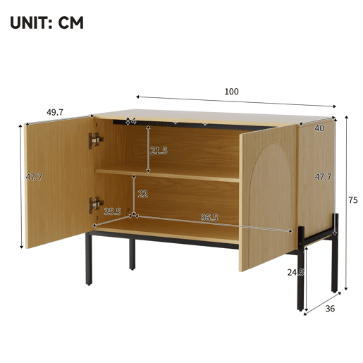 Aparador 100 x 75 x 40 cm - 2 portas, pés metálicos, design com linhas curvas, estilo moderno minimalista - Natural Aparador 100 x 75 x 40 cm - 2 portas, pés metálicos, design com linhas curvas, estilo moderno minimalista - Natural
