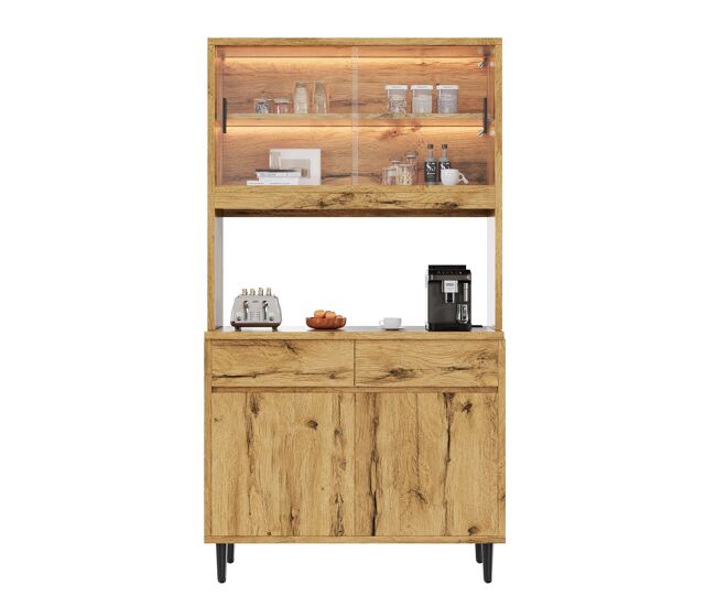 Aparador alto comedor 100x40x185 cm - amplio almacenamiento, enchufes integrados, puertos usb-c y usb-a, tira led multicolor - roble